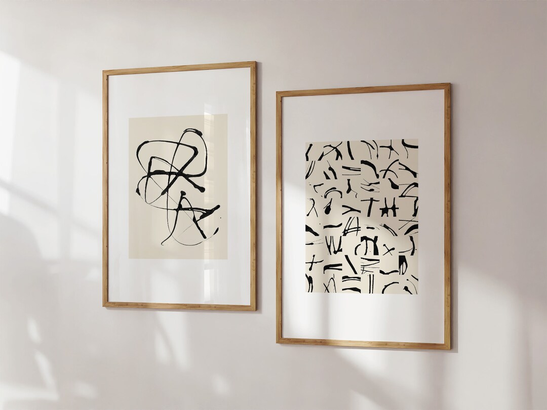 Two Piece Wall Art - Japandi Abstract Set of 2 Prints - Black and Cream ...