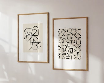Zweiteilige Wandkunst - Japandi abstraktes Set mit 2 Drucken - schwarze und cremefarbene Line Art auf weiß - minimalistisches druckbares Poster - Wabi Sabi Dekor