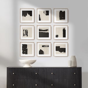 Gallery Wall Art Set of 9 Square Abstract Prints - Japandi Black and ...