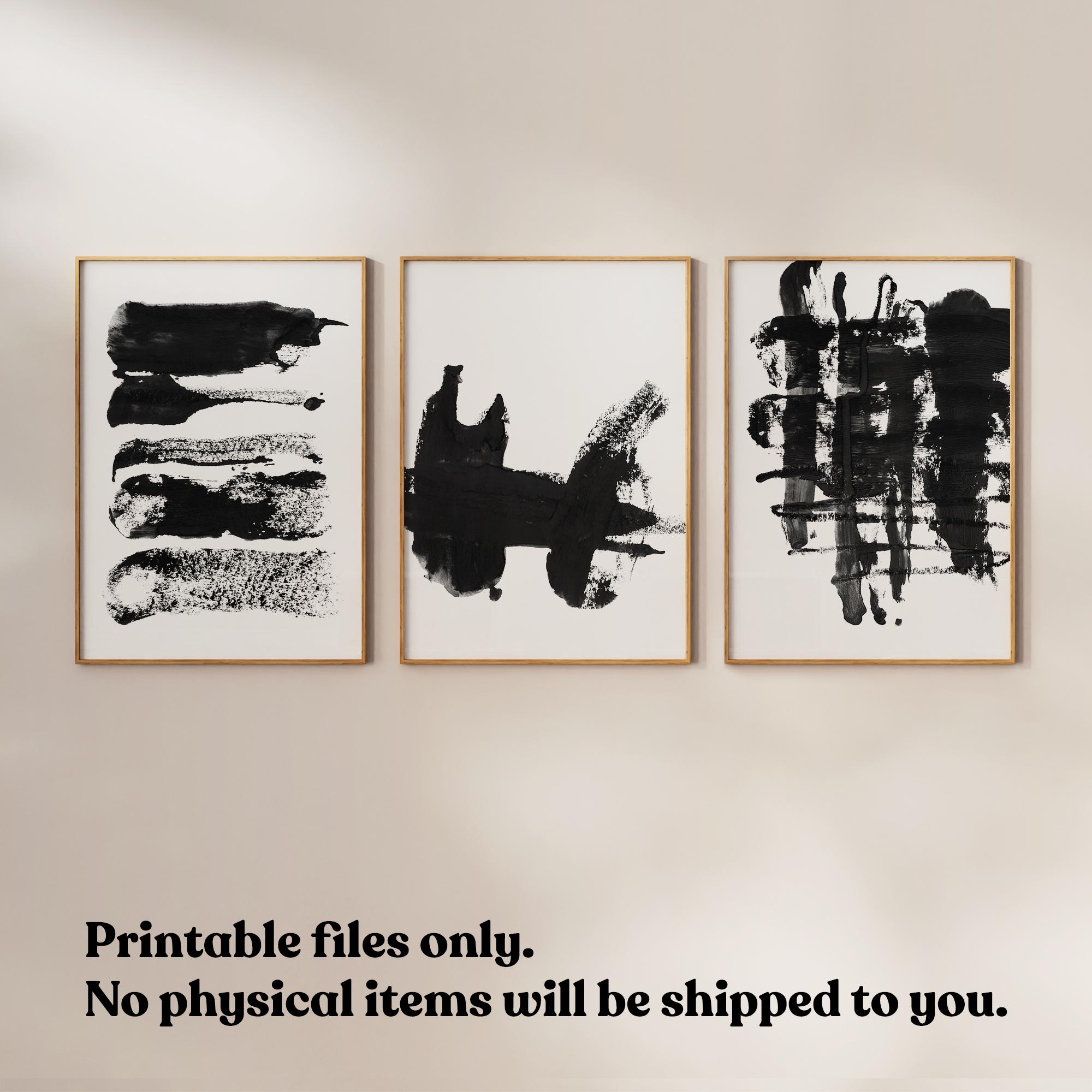 Black and White Abstract Set of 3 Brushstroke Art Prints - Etsy