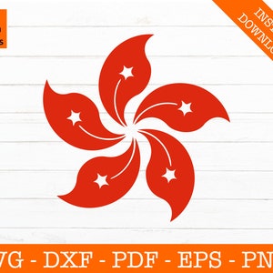 May include: Red and white stylized graphic of the Hong Kong flag, featuring a stylized red bauhinia flower with five white stars.