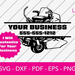 以下が含まれることがあります： 「YOUR BUSINESS」というテキストと電話番号が書かれた芝刈り機の黒と白のシルエット。テキスト「I will Customize For Your Business」はピンクの星形の中にあります。