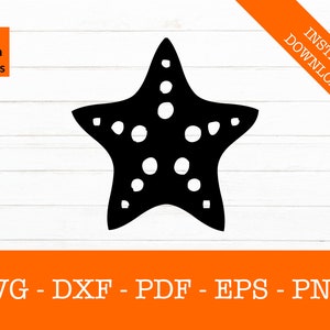 May include: Black and white silhouette of a starfish with a dotted pattern. The starfish is isolated against a white woodgrain background.