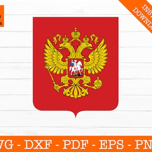 May include: A red shield featuring the Russian Federation coat of arms, a double-headed eagle in gold, with crowns and a central emblem of a mounted knight. The image includes the text "SVG Design Studios" and "INSTANT DOWNLOAD". Below the shield are the file formats: SVG - DXF - PDF - EPS - PNG.