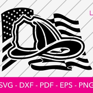 May include: Black and white silhouette of a firefighter's helmet with an American flag behind it. The helmet is in the foreground and the flag is in the background.