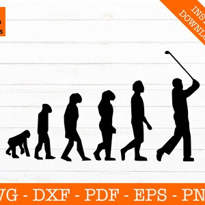 Könnte beinhalten: Eine schwarz-weiße Silhouette der Evolution des Menschen, die mit einem Golfspieler endet, der einen Schläger schwingt. Das Bild ist eine humorvolle Interpretation der Evolutionstheorie.