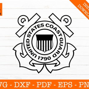 May include: Black and white vector graphic of the United States Coast Guard emblem. The emblem features an anchor with a shield in the center. The shield has vertical stripes and the text "UNITED STATES COAST GUARD 1790" is written around the shield.