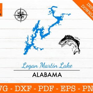Logan Martin See SVG, Fisch SVG, Kompass, Alabama Karte Form geschnitten Datei - PNG - DXF - Cricut - Sommer Vektor Clipart