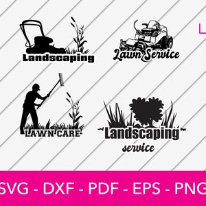 May include: Four black and white silhouette designs for lawn care and landscaping businesses. The designs include a lawnmower, a person raking leaves, a tree and bushes, and a riding lawnmower. The text "Landscaping", "Lawn Service", "LAWN CARE", and "Landscaping service" is included in the designs.