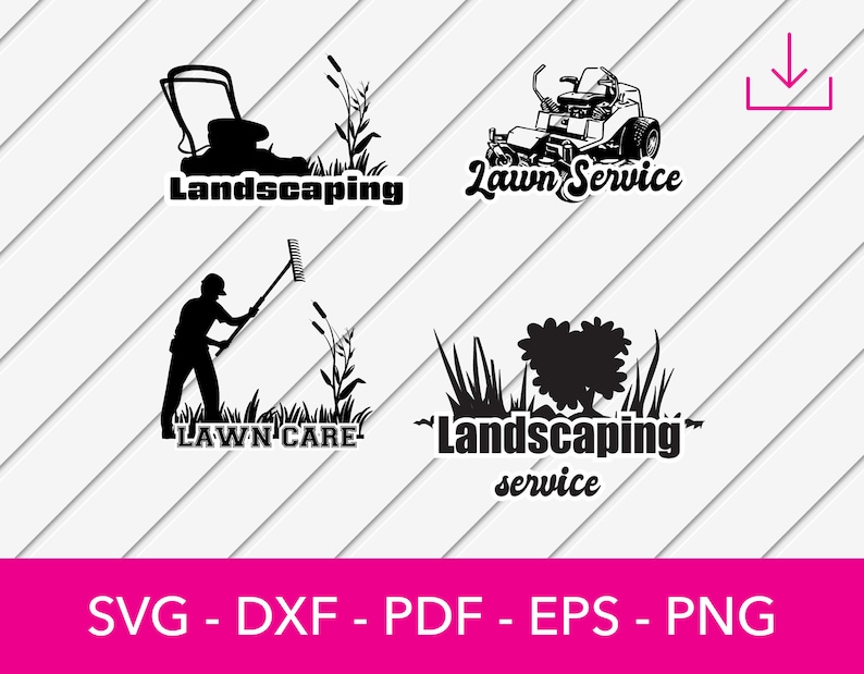May include: Four black and white silhouette designs for lawn care and landscaping businesses. The designs include a lawnmower, a person raking leaves, a tree and bushes, and a riding lawnmower. The text "Landscaping", "Lawn Service", "LAWN CARE", and "Landscaping service" is included in the designs.