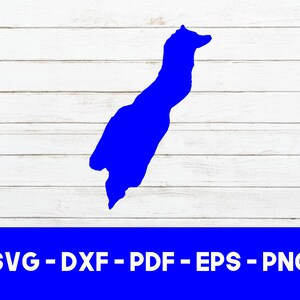 May include: A blue silhouette of a lake in the shape of a bird, on a white woodgrain background. The text "SVG - DXF - PDF - EPS - PNG" is at the bottom of the image.