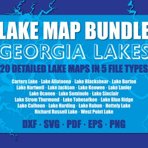 Può includere: Una grafica blu e bianca con il testo "LAKE MAP BUNDLE GEORGIA LAKES" e "20 DETAILED LAKE MAPS IN 5 FILE TYPES". La grafica elenca 20 laghi in Georgia e i tipi di file inclusi nel pacchetto: DXF, SVG, PDF, EPS e PNG.