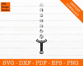 May include: A black and white illustration of a sword with a series of dice stacked on top of it. The dice are all different shapes and sizes, and they are all showing different numbers.
