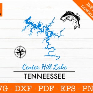 Center Hill Lake, Tennessee Karte mit Barsch und Kompass SVG-Datei - PNG - DXF - Cricut - Sommer Vektor Clipart