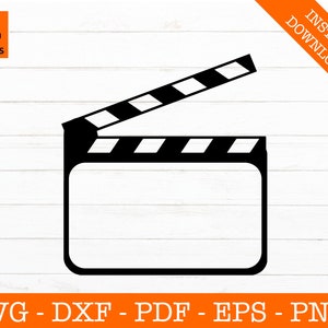 May include: Black and white silhouette of a film clapperboard with the top flap open. The clapperboard is a common prop used in filmmaking.
