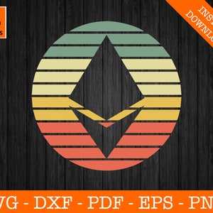 May include: A retro-style graphic of the Ethereum cryptocurrency logo. The logo is a white, stylized diamond shape with rounded corners, set against a background of concentric circles in shades of green, yellow, orange, and red.