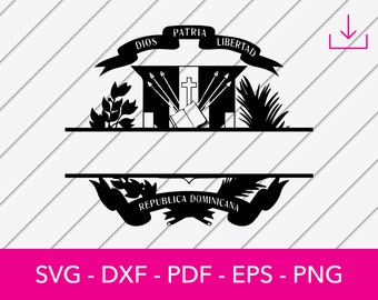 May include: Black and white silhouette of the coat of arms of the Dominican Republic. The coat of arms features a cross, a bible, and three arrows. The text "Dios, Patria, Libertad" is above the coat of arms, and the text "Republica Dominicana" is below the coat of arms.