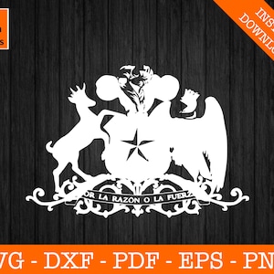 May include: A white silhouette of a coat of arms with a five-pointed star in the center. The coat of arms features a deer, a bird, and a banner with the text "OR LA RAZON O LA FUERA".