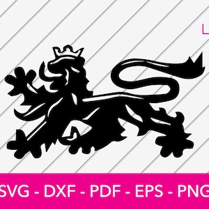 May include: Black and white silhouette of a crowned lion with its tail curled up behind its back.