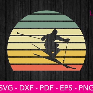 May include: Silhouette of a skier in a retro sunset design. The skier is wearing a ski suit and holding ski poles. The sunset is depicted with a series of horizontal stripes in shades of yellow, orange, and red.