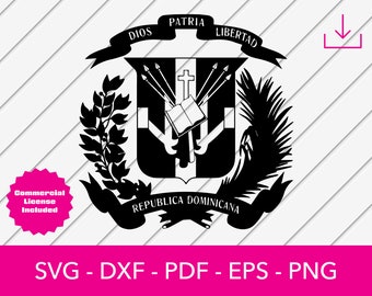 May include: Black and white Dominican Republic coat of arms design. The emblem features a shield with a cross, open book, and spears, with the words "DIOS PATRIA LIBERTAD" above and "REPUBLICA DOMINICANA" below. Includes a commercial license.