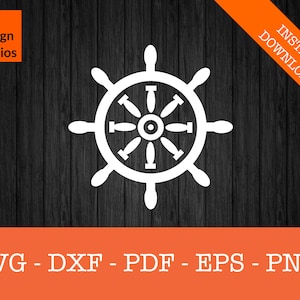 Könnte beinhalten: Weiße Silhouette eines Schiffsrades mit acht Speichen vor einem schwarzen Holzmaserungshintergrund. Der Text "INSTANT DOWNLOAD" befindet sich in einem weißen Rechteck mit orangefarbenem Rand.