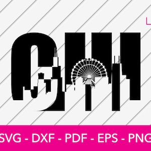 Chicago, Illinois Skyline stadsgezicht silhouet schaduw SVG gesneden bestand - PNG - DXF - Cricut - Vector Clipart - Instant Download