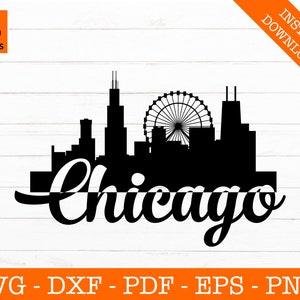 Chicago, Illinois Skyline stadsgezicht silhouet schaduw SVG gesneden bestand - PNG - DXF - Cricut - Vector Clipart - Instant Download