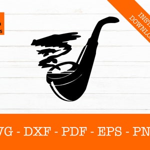 Könnte beinhalten: Schwarze Silhouette einer Pfeife mit Rauch, der aus dem Kopf aufsteigt. Die Pfeife ist gebogen und hat einen langen Stiel.