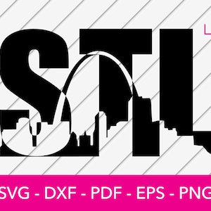 May include: Black and white silhouette of the St. Louis Arch and skyline with the letters STL.