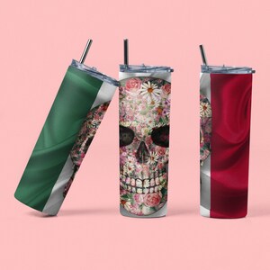 20 Oz Skinny Mexican Flag with Sugar Skull Tumbler Wrap  - Tapered and Straight Template Instant Digital Download Sublimation Graphics