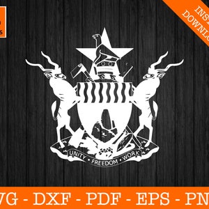 May include: A white silhouette of the coat of arms of Namibia. The coat of arms features a shield with a striped pattern, two oryx, a star, a pickaxe, a rifle, and a mountain. The text "UNITY FREEDOM WORK" is written below the shield.