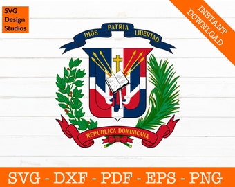 May include: The coat of arms of the Dominican Republic features a red, white, and blue shield with a cross and an open book. The shield is surrounded by a laurel wreath and a ribbon with the words "Republica Dominicana" in gold lettering. The words "Dios", "Patria", and "Libertad" are written on a blue ribbon above the shield.