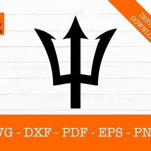 Può includere: Silhouette nera di un tridente su uno sfondo di legno bianco.  SVG - DXF - PDF - EPS - PNG