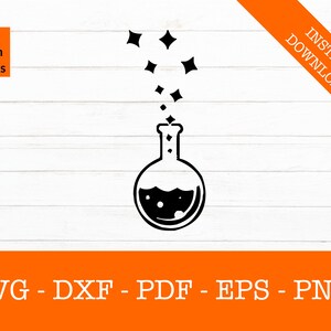 May include: Black and white graphic of a round flask with bubbling liquid and stars rising from the top. The image includes the text "SVG Design Studios" and "Instant Download". Below the flask are the file types: SVG - DXF - PDF - EPS - PNG.