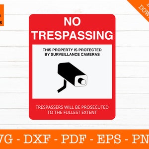 May include: Red and white sign with the text "NO TRESPASSING" in black. The sign also includes a black silhouette of a security camera and the text "THIS PROPERTY IS PROTECTED BY SURVEILLANCE CAMERAS" and "TRESPASSERS WILL BE PROSECUTED TO THE FULLEST EXTENT".