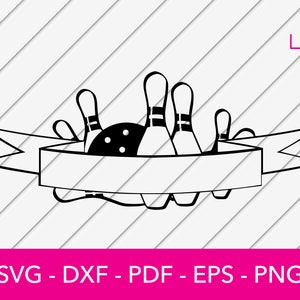 May include: Black and white silhouette of bowling pins and a bowling ball with a blank banner underneath. The banner is shaped like a ribbon with a pointed end on each side.