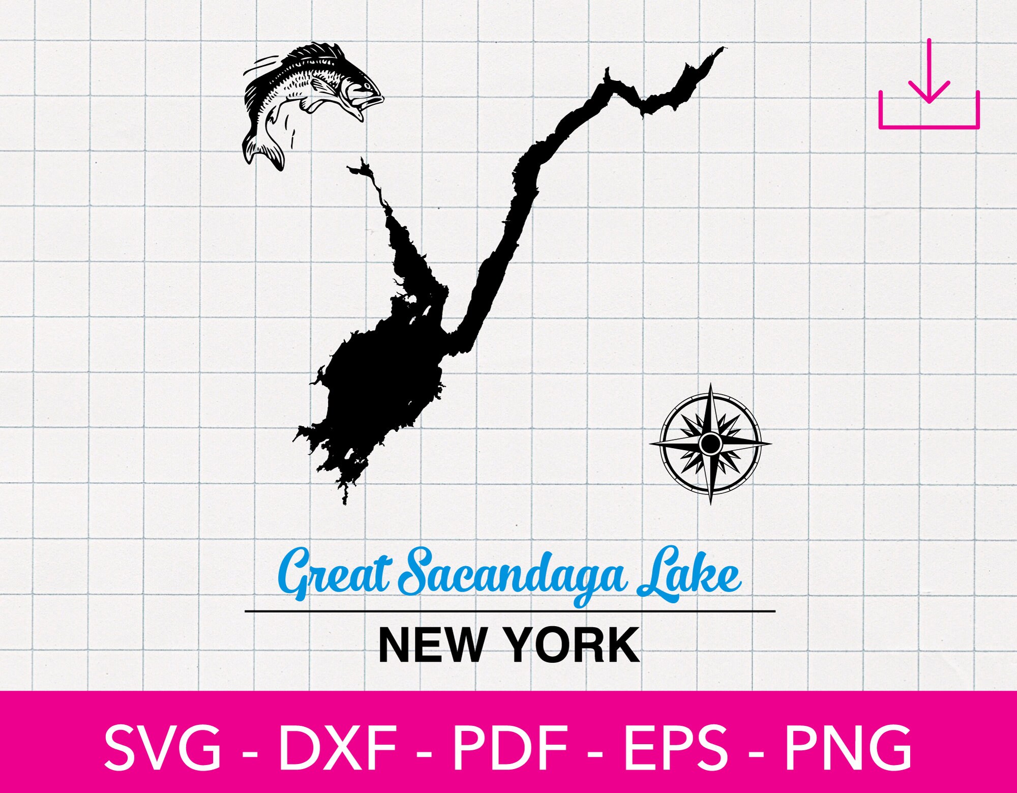 Great Sacandaga Lake, New York Map Shape SVG Cut File - PNG - DXF