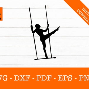 May include: Silhouette of a person performing on a trapeze. The person is in mid-air, with their arms outstretched and their legs bent. The trapeze is suspended from two ropes.