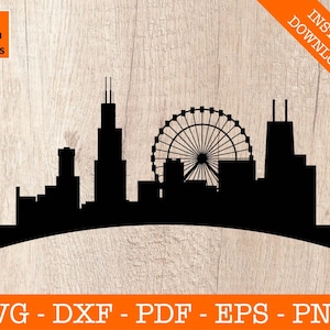 Chicago, Illinois Skyline Cityscape Silhouette SVG Cut File - PNG - DXF - Cricut - Vector Clipart - Download instantâneo