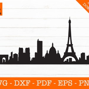 May include: Black silhouette of the Paris skyline, featuring the Eiffel Tower, the Arc de Triomphe, and other iconic landmarks.