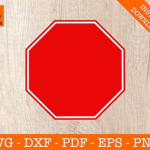 May include: A red octagon with a white outline. The octagon is on a woodgrain background.