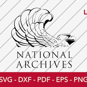 Może przedstawiać: Czarno-biała ilustracja orła z rozpostartymi skrzydłami, z tekstem "NATIONAL ARCHIVES" poniżej.