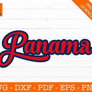 Op de afbeelding: Een rood en blauw grafisch ontwerp van het woord "Panama" in een gestileerd lettertype.