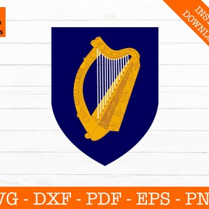 Puede incluir: Un escudo azul con un arpa dorada, el símbolo nacional de Irlanda.