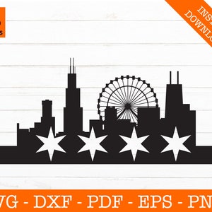 Chicago Svg, Stars Svg, Chicago, Illinois Skyline Cityscape Silhouette SVG Cut File - PNG - DXF - Cricut - Vector Clipart - Instant Download