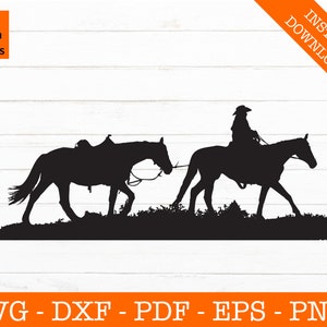 Cowboy Horse Riding Rodeo SVG Silhouette Shadow Cut File - PNG - DXF - Cricut - Decal Shape Vector Clipart - Instant Download