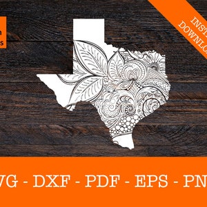 May include: A white outline of the state of Texas with an intricate floral and geometric design filling the interior. The image includes the text "INSTANT DOWNLOAD" and "SVG Design Studios". The bottom of the image displays "SVG - DXF - PDF - EPS - PNG".