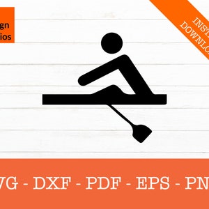 May include: Black and white silhouette of a person rowing a boat. The person is sitting in the boat and holding the oars. The boat is on the water. The image is a simple, minimalist design.