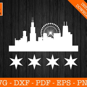 Chicago Svg, Stars Svg, Chicago, Illinois Skyline Cityscape Silhouette SVG Cut File - PNG - DXF - Cricut - Vector Clipart - Instant Download